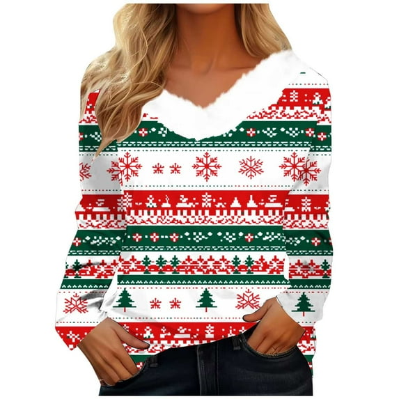 YABCSAZ Ugly Christmas Sweater for Women Sweatshirt Fleece Long Sleeve T Shirts Christmas Tree Snowflakes Reindeer Santa Claus Tops Casual Loose Warm Pullover Oversize T Shirts for Xmas Party