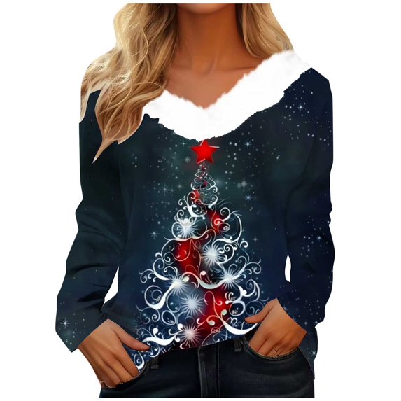 YABCSAZ Ugly Christmas Sweater for Women Christmas Tree Snowflakes Reindeer Santa Claus Sweatshirt Tops Fleece Long Sleeve T Shirts Casual Loose Warm Pullover Oversize T Shirts for Xmas Party