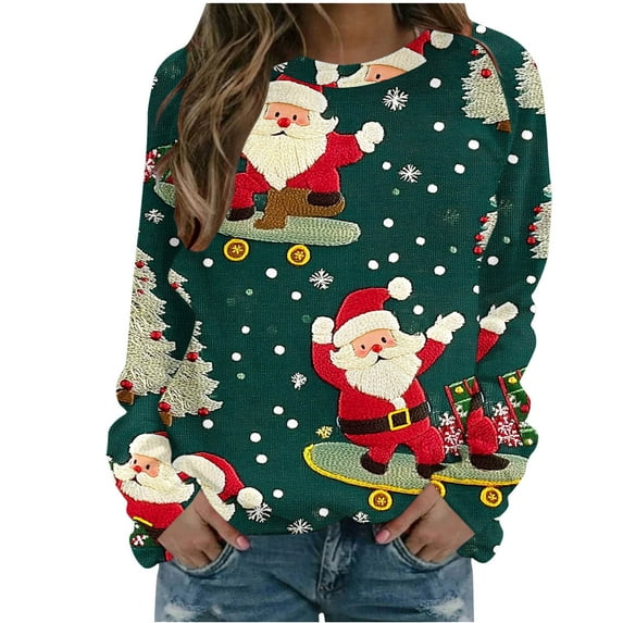 YABCSAZ Ugly Christmas Sweaters for Women Christmas Tree Snowflakes Reindeer Santa Claus Oversize Sweatshirt Fleece Long Sleeve T Shirts Casual Loose Warm Pullover Tops T Shirts for Xmas Party