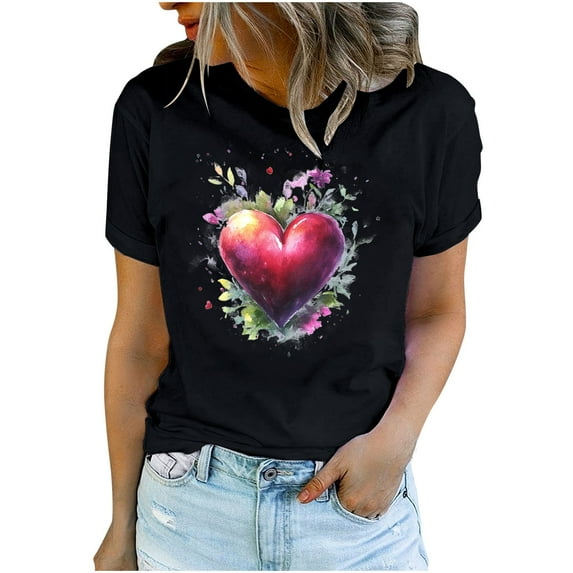 YABCSAZ Valentine's Day T-Shirts for Women Short Sleeve Crew Neck Pullover Solid Color Love Heart Graphic Letter Print Sweathirts Casual Loose Oversized Tee Tops,Gift for Women