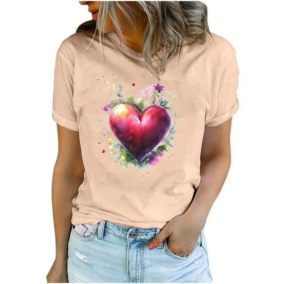 YABCSAZ Valentine's Day T-Shirts for Women Short Sleeve Crew Neck Pullover Solid Color Love Heart Graphic Letter Print Sweathirts Casual Loose Oversized Tee Tops,Gift for Women