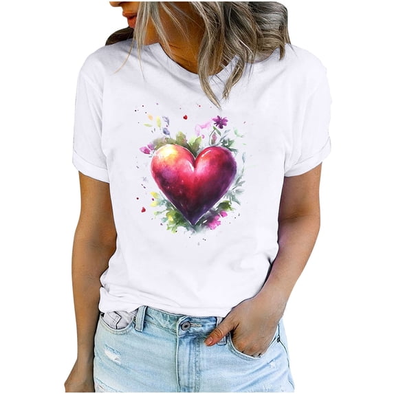 YABCSAZ Valentine's Day T-Shirts for Women Short Sleeve Crew Neck Pullover Solid Color Love Heart Graphic Letter Print Sweathirts Casual Loose Oversized Tee Tops,Gift for Women