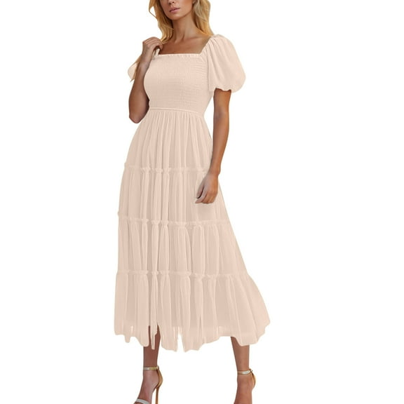 YABCSAZ Wedding Guest Dresses for Women Boho Beach Dress Short Sleeve Tank Dress Pleated Dresses Summer Casual Smocked A Line Midi Tulle Dress Flowy Maxi Sundress Women's Dresses