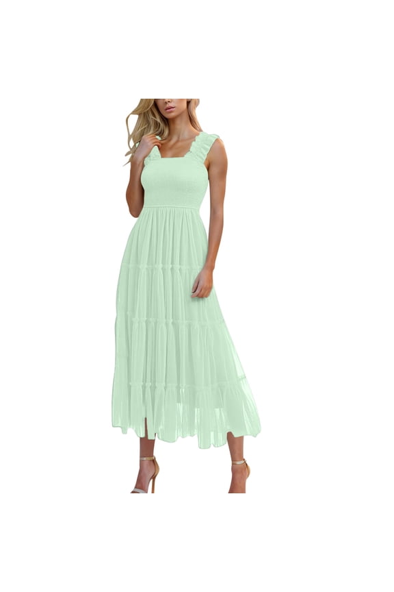 Wedding Guest Dresses for Women Boho Beach Dress Sleeveless Tank Dress Pleated Dresses Summer Casual Smocked A Line Midi Tulle Dress Flowy Maxi Sundress Women's Dresses