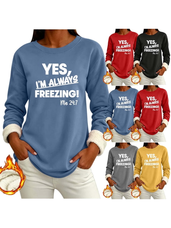Winter Tops for Women, Women Sweatshirt Fleece Top Round Neck Pullover Thickened Winter Pullover Casual Long Sleeve Solid Acrylic Nylon Blend S-XXL