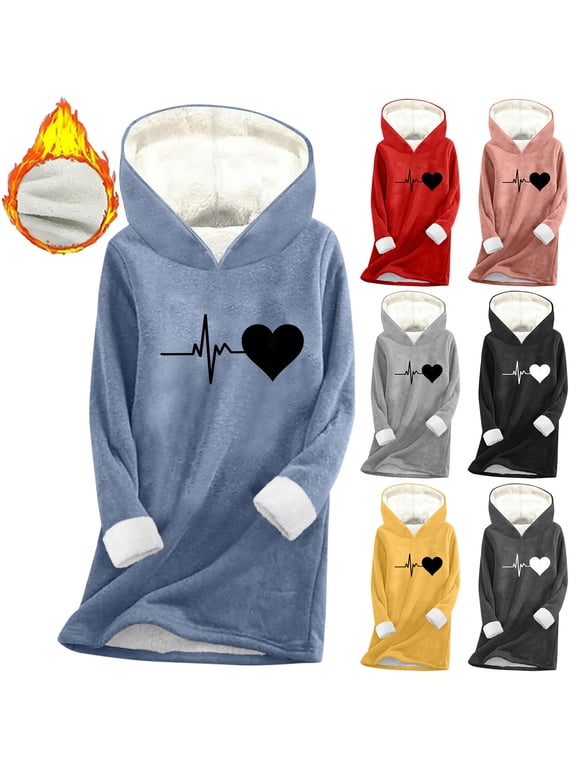 Winter Tops for Women, Women's Hooded Base Layer Top Fleece-Lined Long Sleeve Loose Fit Thick Warm Thermal Pullover for Women's Winter Casual Solid Color