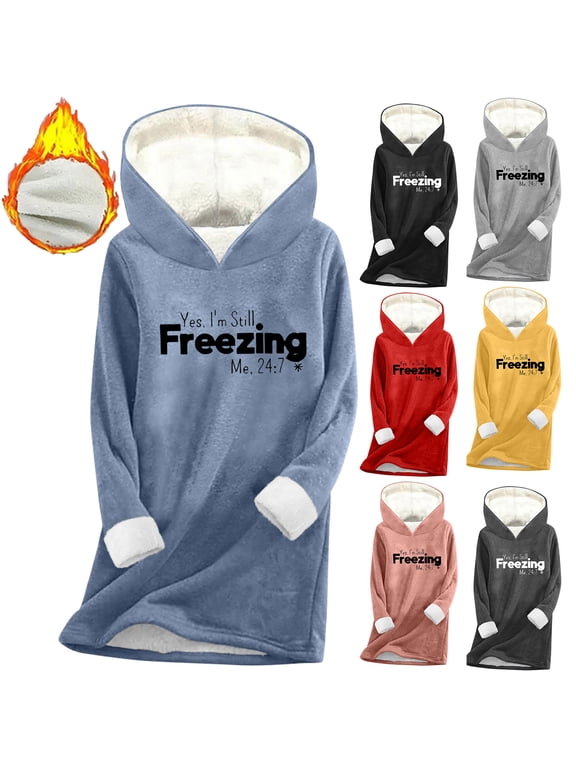 Winter Tops for Women, Women's Hooded Base Layer Top Fleece-Lined Thick Long Sleeve Loose Fit Warm Winter Pullover Casual Solid Color Thermal Shirt for Women
