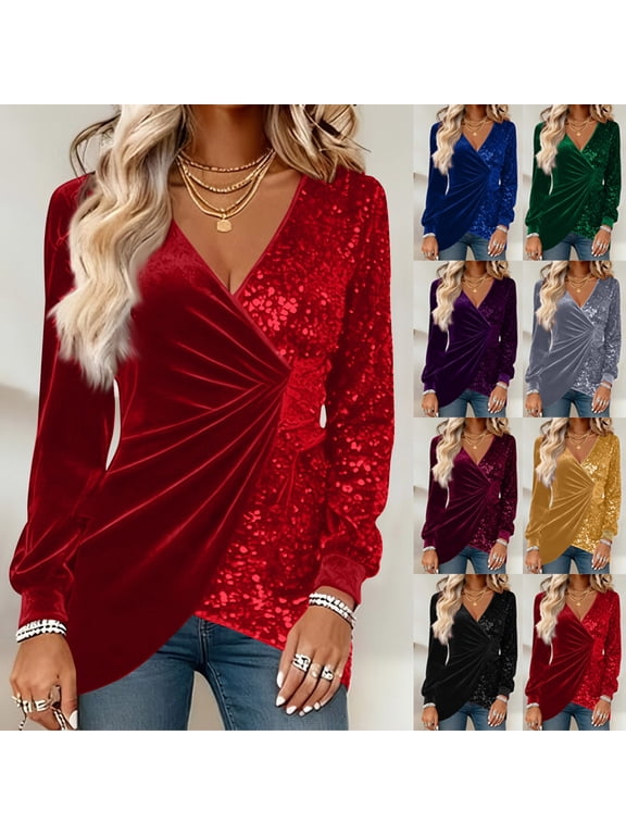 Winter Tops for Women, Women's Sequin Velvet Top Solid V-Neck Long-Sleeve Casual Blouse with Satin Trim, Fleece-Lined Thickened Comfortable Shirt, Glitter Fashion Tee for Daily Wear