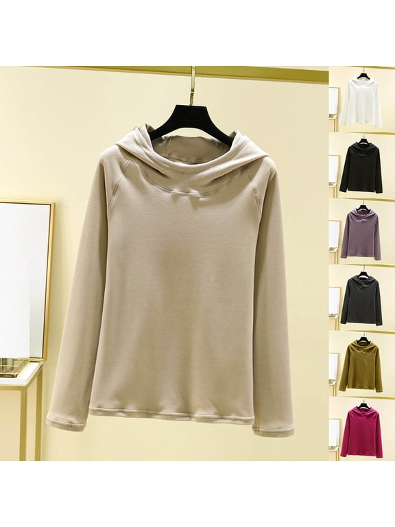 Winter Tops for Women, Women's Thermal Pajama Top Velour Solid Color Hooded Fleece Top Long Sleeve Base Layer Warm Shirt Thickened Coral Fleece Bottoming Shirt for Daily Wear