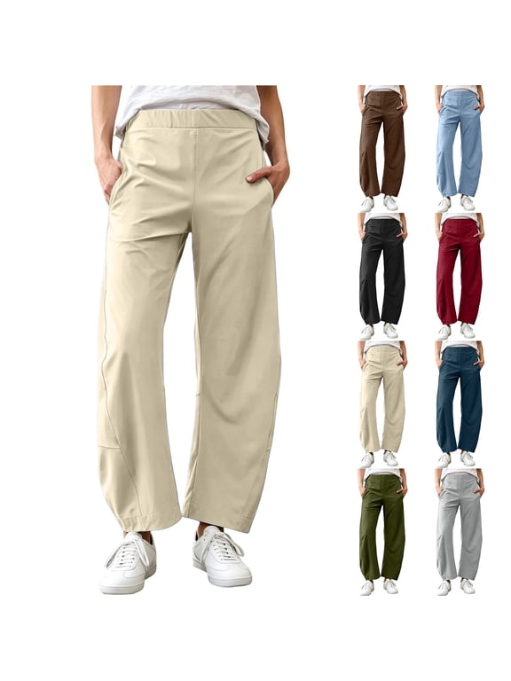 Women Barrel Pants Elastic Waistband Tapered Leg Baggy High Waist Work Trousers Lounge Ankle Pant with Pockets, Wrinkle-Free Travel Outfits, Quick Dry