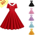 thumbnail image 1 of YABCSAZ Women Casual Dress Solid Color Short Sleeve V-Neck Cocktail Flowy Swing Dress Notch Lapel Collar Dress A line Dance Midi Evening Dress, 1 of 8