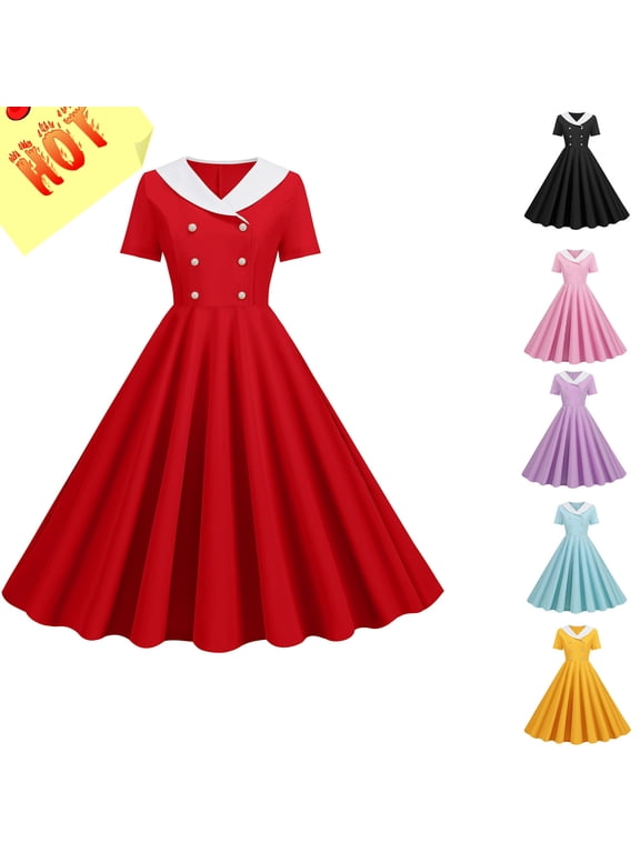 Women Casual Dress Solid Color Short Sleeve V-Neck Cocktail Flowy Swing Dress Notch Lapel Collar Dress A line Dance Midi Evening Dress