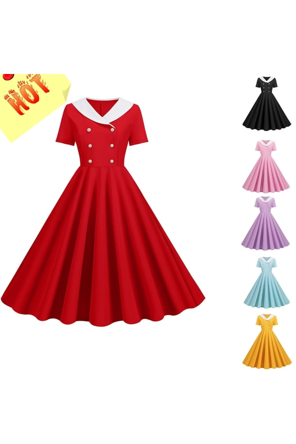 Women Casual Dress Solid Color Short Sleeve V-Neck Cocktail Flowy Swing Dress Notch Lapel Collar Dress A line Dance Midi Evening Dress