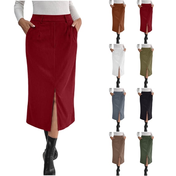 YABCSAZ Women Corduroy Midi Skirt High Waist Split Retro Half Skirt Elegant Corduroy Skirt for Fall Winter Long Straight Skirt with Pockets, Red