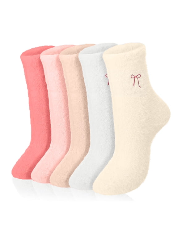 Women Fuzzy Socks Bow Socks Faux Mink Knit Mid-Calf Winter Warm Socks Cozy Home Socks for Women Free Size, White