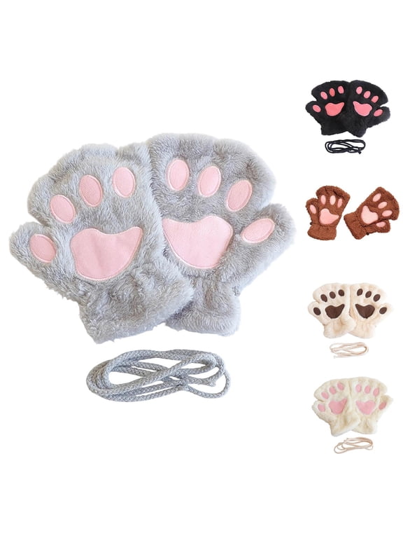 Women Half Finger Cat Paw Plush Gloves for Kids Girls Cute Faux Fur Warm Thickened Winter Gloves with Fleece Lining, White