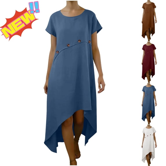 YABCSAZ Women Plus Size Linen Dress Casual Solid Color Short Sleeve Crewneck Maxi Dress Loose Fit Flowy Swing A Line Dress Vacation Beach Long Dress for Women