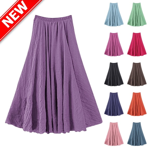 YABCSAZ Women Skirt Casual Solid Color Elastic Waist Midi Long Length Dress Flowy Swing A-line Skirt for Women
