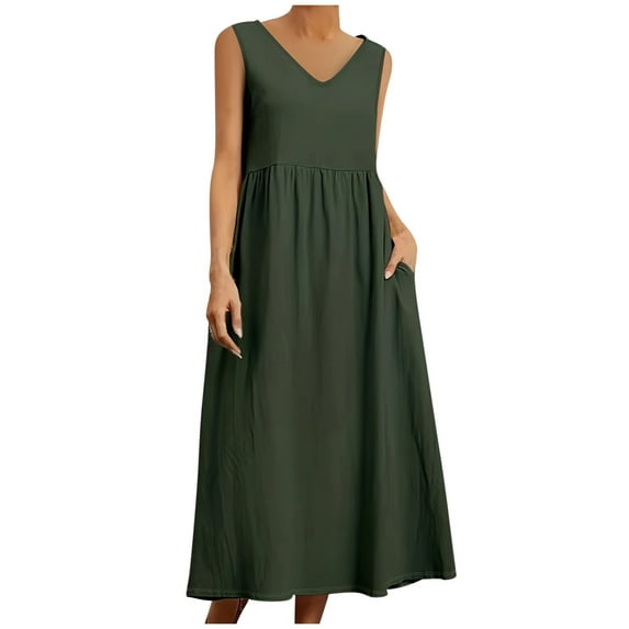 YABCSAZ Women Summer Plus Size Dress Solid Color Round Neck Casual Sleeveless Dress Loose Long Hawaiian Holiday Maxi Tank Dress Summer Saving Clearance!