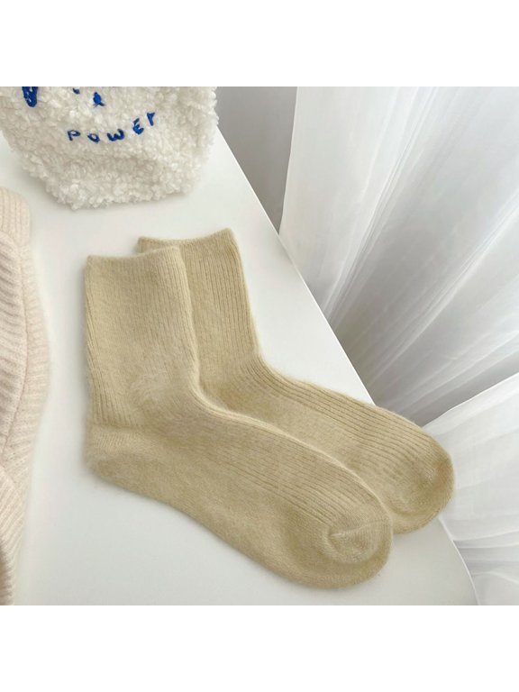 Women Winter Socks Fleece Terry Loop Mid-Calf Warm Socks for Women Thick Extra Warm Wool Blend Knit with Moisture-Wicking Odor-Fighting Elastic US 5-9, Khaki