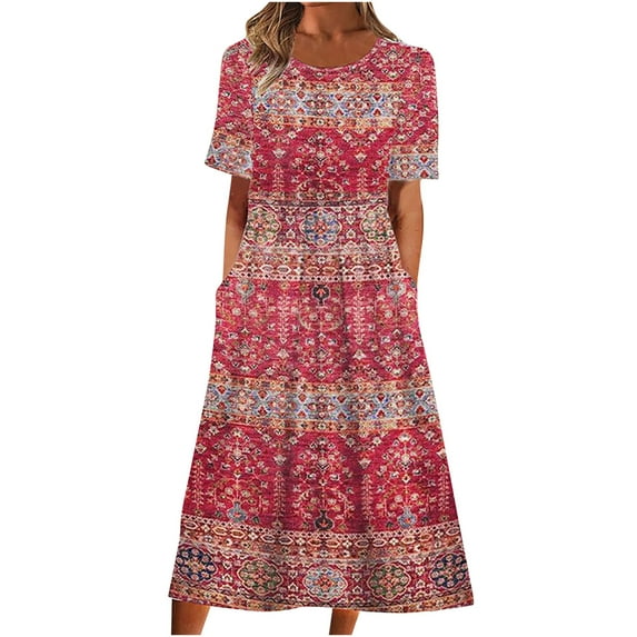 YABCSAZ Women's 2024 Summer Casual Dress Plus Size V Neck Floral Print Half Sleeve Boho Dress Party Maxi Flowy Long Dress Holiday Sundress Summer Saving Clearance!