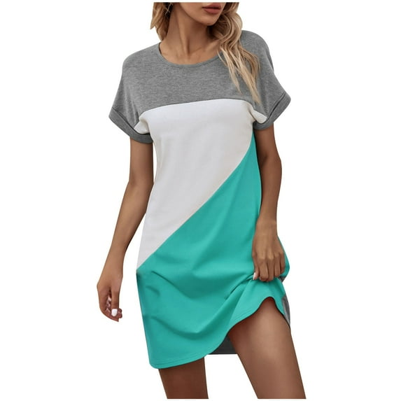 YABCSAZ Women's 2024 Summer Short-sleeved Round Neck Classic Color Contrast Patchwork Color Loose Plus-size Dress Short-sleeved Round Neck Mid-calf Dress