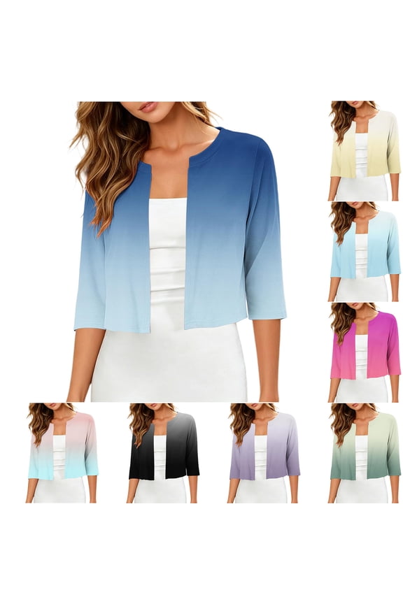 Women's 3/4 Sleeve Round Neck Cardigan Top Lightweight Soft Casual Open Front Summer Knitwear Loose Fit Beach Cover Up Purple, Gifts for Women