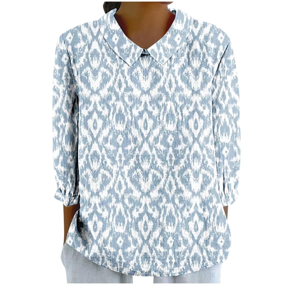 YABCSAZ Women's 3/4 Sleeve Shirts V Neck Cotton Linen Blouses Top Casual Retro Style Print Loose T-Shirt 3/4 Sleeve Tops