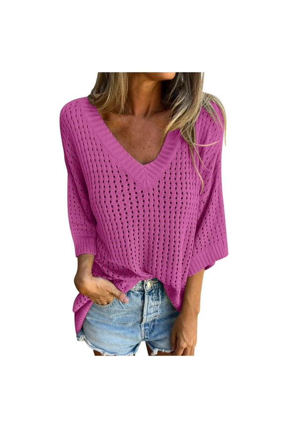 Women's 3/4 Sleeve T-shirts Hollowed Out Outer Layer V-neck Knit Sweater Knitted Mountain Lazy Style Design 2024 Clothes Basic Going Out Tops, Fall Clothes for Women