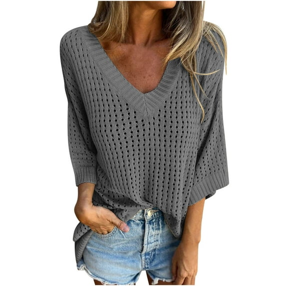 YABCSAZ Women's 3/4 Sleeve T-shirts Hollowed Out Outer Layer V-neck Knit Sweater Knitted Mountain Lazy Style Design 2024 Clothes Basic Going Out Tops, Fall Clothes for Women Summer Saving Clearance!