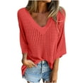 thumbnail image 1 of YABCSAZ Women's 3/4 Sleeve T-shirts Hollowed Out Outer Layer V-neck Knit Sweater Knitted Mountain Lazy Style Design 2024 Clothes Basic Going Out Tops, Fall Clothes for Women, 1 of 8