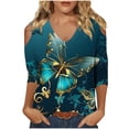 thumbnail image 1 of YABCSAZ Women's 3/4 Sleeve Tops Floral Print Slim Fit Shirts V Neck Cold Shoulder Elegant Pullover Tunic T-Shirts, 2024 Clothes Basic Going Out Tops Summer Saving Clearance!, 1 of 5