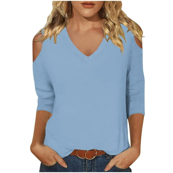 YABCSAZ Women's 3/4 Sleeve Tops Solid Color Slim Fit Shirts V Neck Cold Shoulder Elegant Pullover Tunic T-Shirts, 2024 Clothes Basic Going Out Tops
