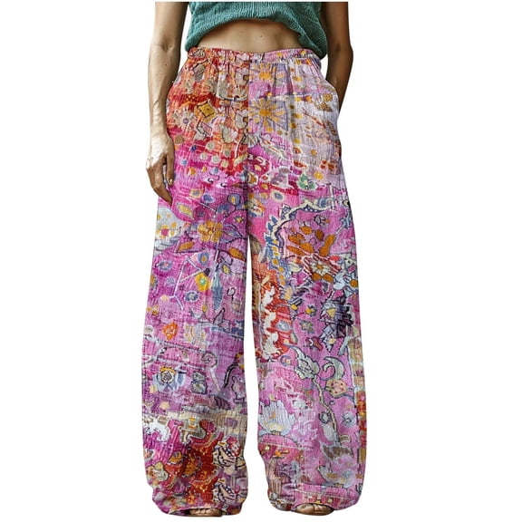 YABCSAZ Women's Casual Pants Loose Plus Size Boho Pants Retro Printed Drawstring Elastic Waist Lounge Long Trousers Soft Comfortable Capri Pants Baggy Wide Leg Pants for Women