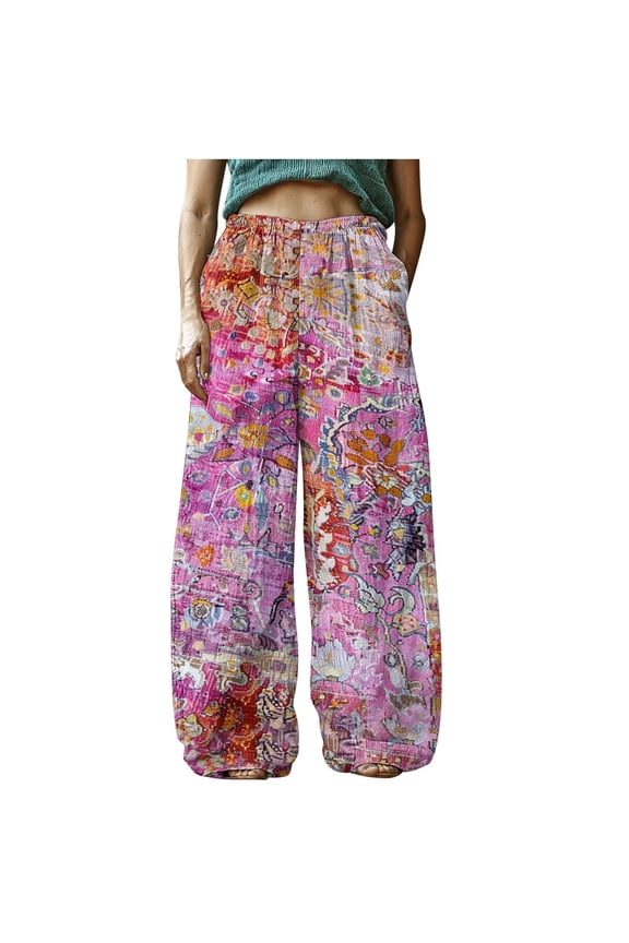 Women's Casual Pants Loose Plus Size Boho Pants Retro Printed Drawstring Elastic Waist Lounge Long Trousers Soft Comfortable Capri Pants Baggy Wide Leg Pants for Women
