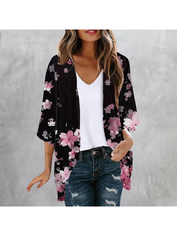 Women's Chiffon Print Open Front Long Sleeve Cardigan, Fashionable Printed Jacket for Spring and Summer, Casual Lightweight Outerwear with 3/4 Sleeves, Multicolor