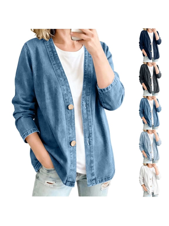 Women's Denim Jacket Vintage V-Neck Long-Sleeve Button-Up Cardigan for Spring Fall Winter Casual Daily Wear Women Jacket Denim Cardigan, White