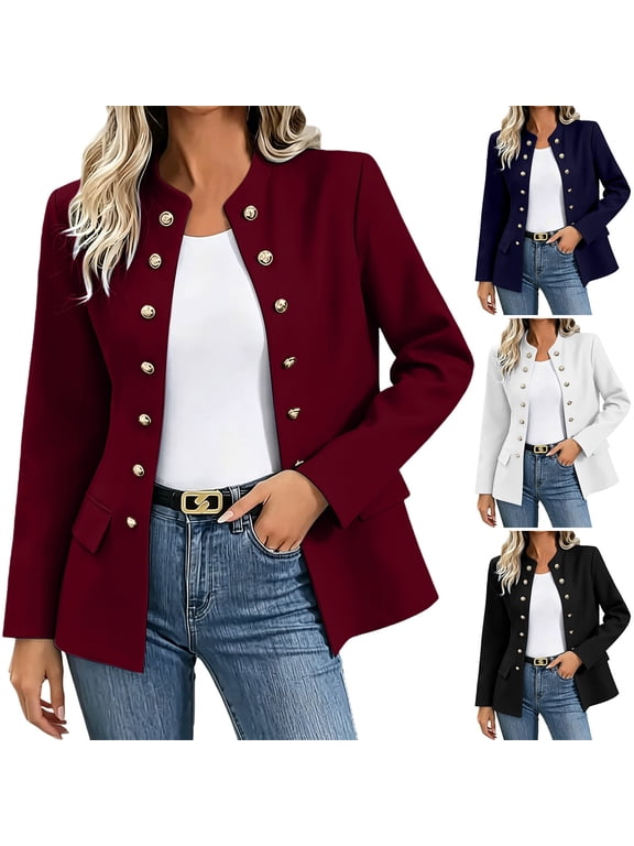 Women's Double-Breasted Blazer Stand Collar Blazer Business Casual Jacket Work Blazer Elegant Suit Jacket Solid-Color 3/4-Sleeve Tailored Winter Outerwear, Navy