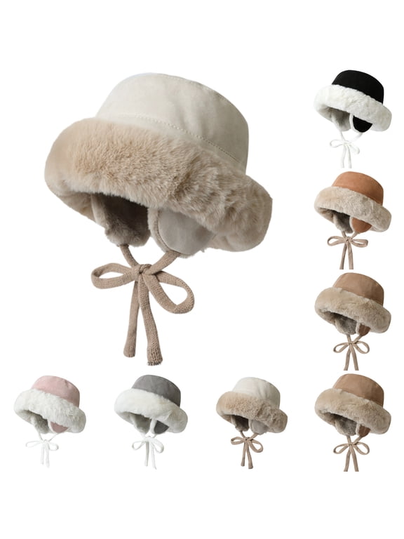 Women's Faux Suede Bucket Hat Winter Warm Fleece Lined Ear Flap Hat Casual Drawstring Thickened Faux Suede Warm Hat for Daily Wear