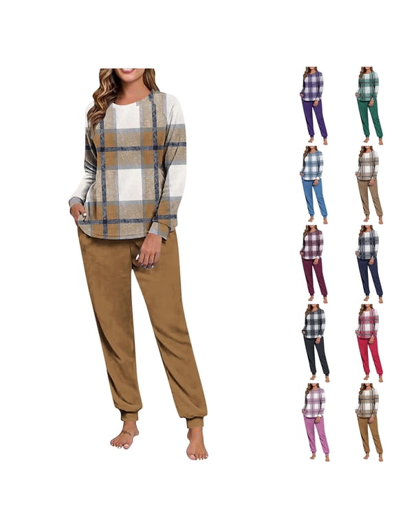 Women's Fleece Pajama Set Winter Loungewear Set Printed Fuzzy Set Crewneck Pullover Pajamas with Drawstring Pants Set Two-Piece Sleepwear Double-Sided Fuzz Raglan Sleeves Thumb Holes S-XXL