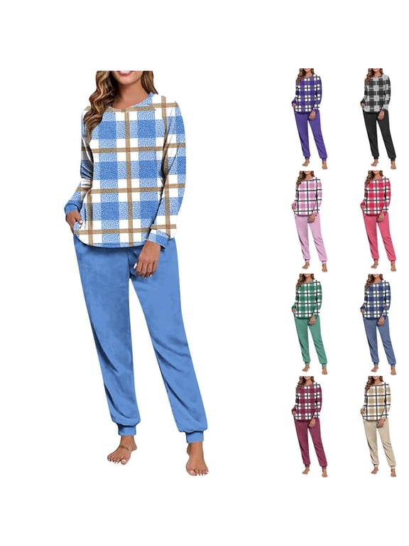 Women's Fleece Pajama Set Winter Loungewear Set Printed Fuzzy Set Crewneck Pullover Pajamas Drawstring Pants Set Two-Piece Sleepwear Double-Sided Fuzz Raglan Sleeves Thumb Holes S-XXL
