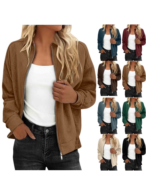 Women's Jacket, Women Faux Suede Shacket Jacket Cropped Lapel Coat Zip Up Shacket with Pockets Long Sleeve Turn Down Collar Casual Solid Color Fall Outerwear Winter
