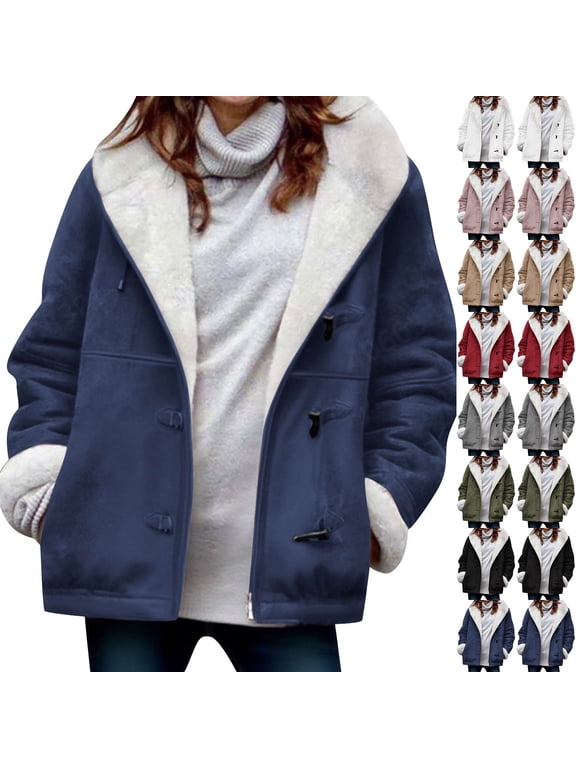Women's Jacket, Women Fleece Hooded Sweatshirt Casual Hoodie Winter Warm Cropped Faux Suede Toggle Button Long Sleeve with Pockets Solid Color