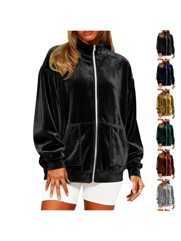 Women's Jacket, Women Zip Coat Solid Color Gold Satin Long Sleeve Zipper Jacket Casual Metallic Velvet Outerwear Round Neck Regular Length Fashion Top