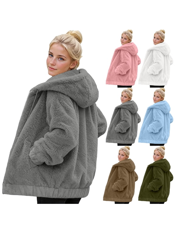 Women's Jacket, Women's Fleece Hooded Jacket Casual Winter Coat Long Sleeve Outerwear Warm Fleece-Lined Loose Fit Double-Sided Fleece Zip Up for Daily Wear