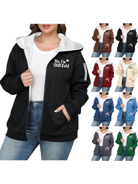 Women's Jacket, Women's Hooded Jacket Fleece-Lined Solid Color Zip-Up Long Sleeve Thick Drop Shoulder Plus Size Letter Print Casual Outerwear