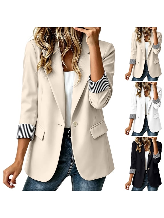 Women's Lightweight 3/4 Sleeve Blazer Slim Fit Notched Lapel Business Casual Jacket Spring Summer Suit Jacket with Pockets, White