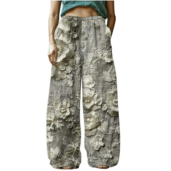 YABCSAZ Women's Linen Pants Casual Pants Loose Plus Size Boho Pants Retro Printed Drawstring Elastic Waist Lounge Long Trousers Soft Comfortable Capri Pants Baggy Wide Leg Pants for Women