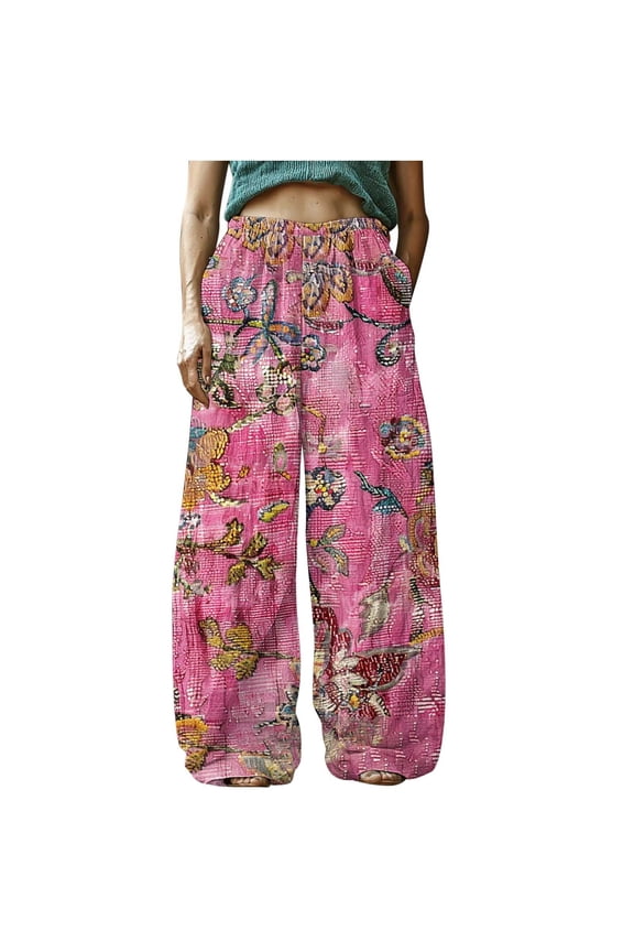 Women's Linen Pants Casual Pants Loose Plus Size Boho Pants Retro Printed Drawstring Elastic Waist Lounge Long Trousers Soft Comfortable Capri Pants Baggy Wide Leg Pants for Women