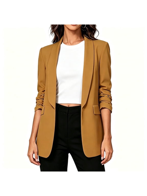Women's Long Blazer 3/4 Sleeve Open-Front Lapel Jacket Business Casual Coat Solid Color Turn-Down Collar Duster for Work Daily, Brown